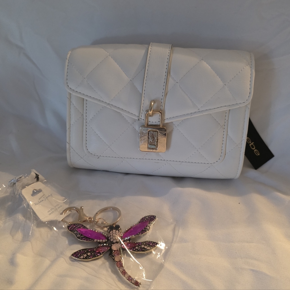 NWT Bebe White Quilted Handbag With Dragonfly Bag Charm Purse Bag Clutch